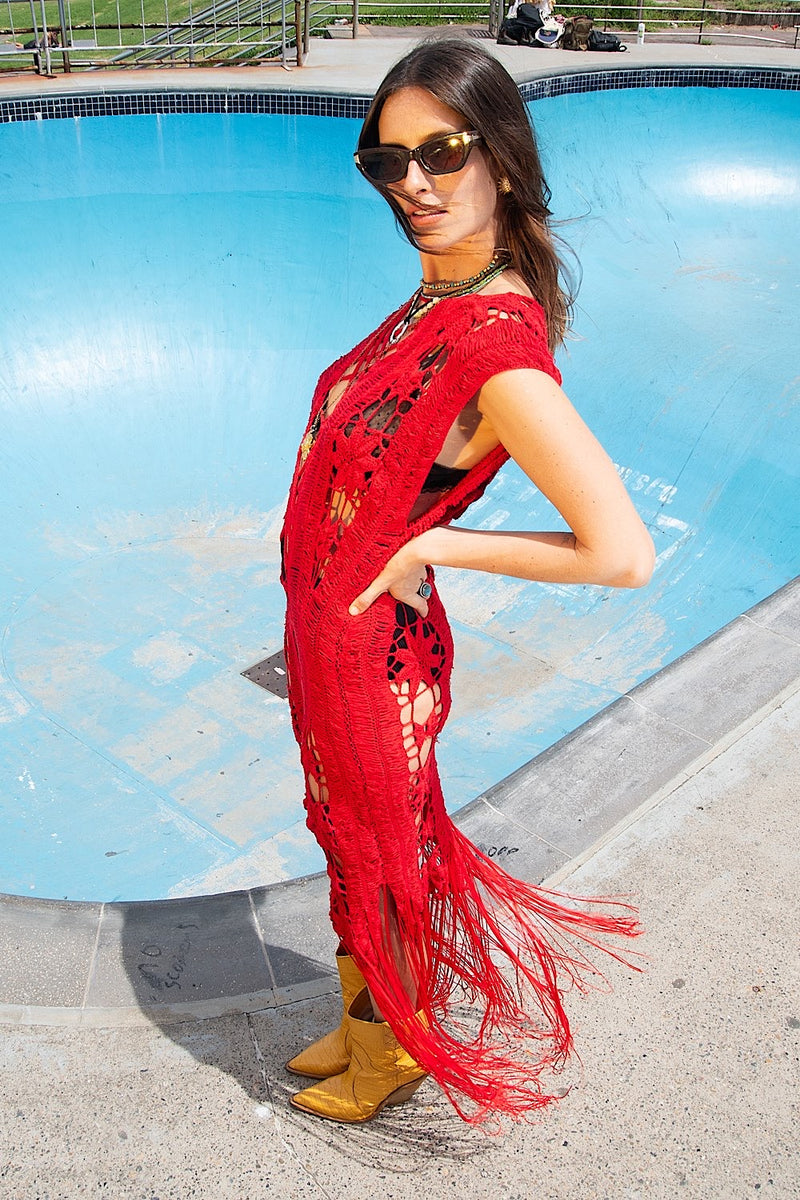 Chain Reaction Crochet Beaded Fringe Maxi Dress - Red - Chasing Unicorns