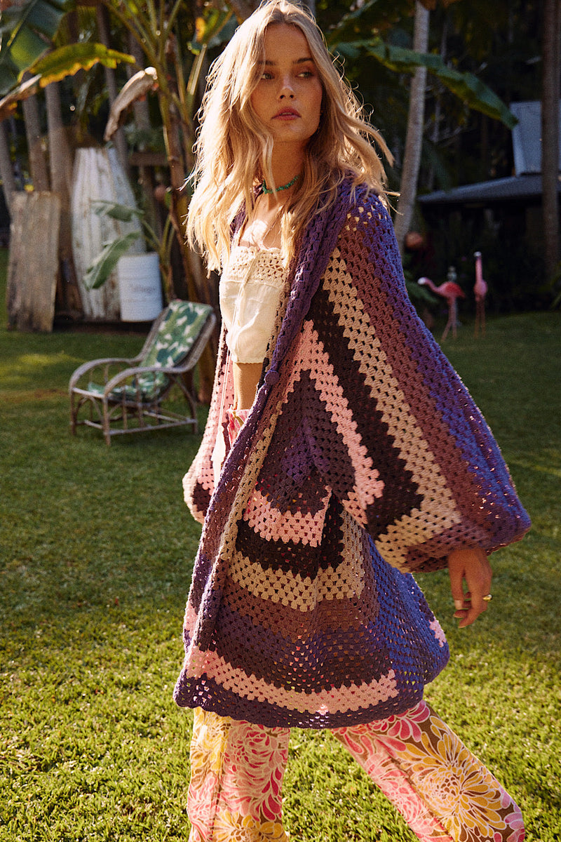 Colorado Girl Long Crochet Coat - Purple - Chasing Unicorns