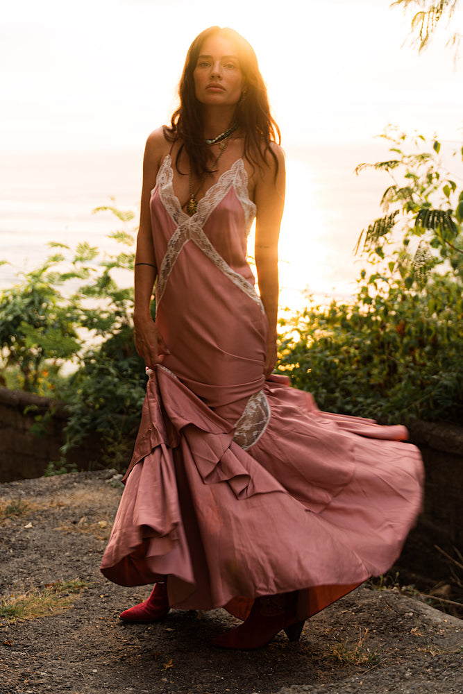 Come Alive Backless Silk Silk Twill + Lace Maxi Dress