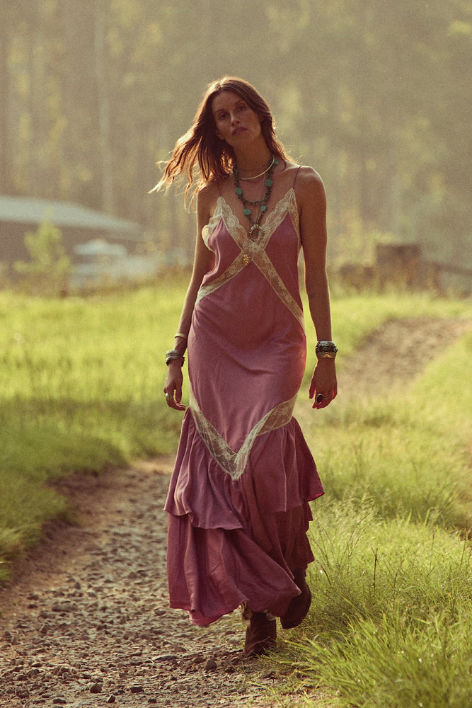 Come Alive Backless Silk Silk Twill + Lace Maxi Dress