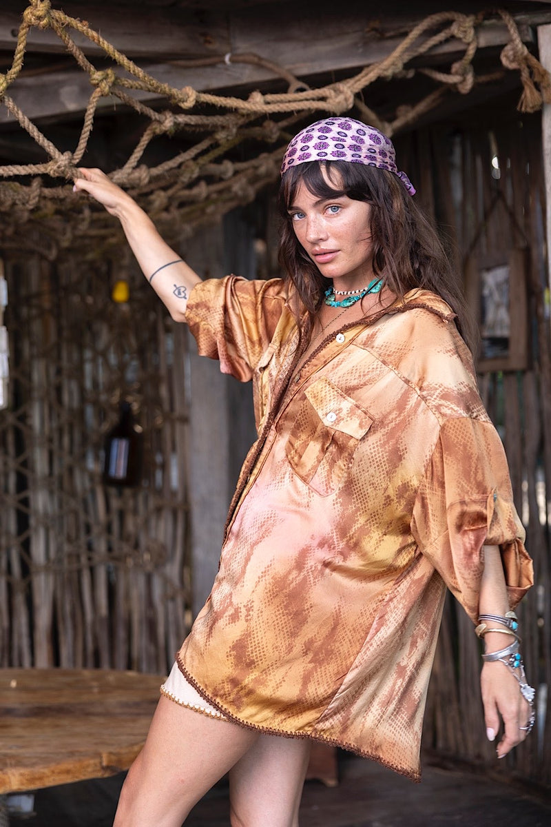 Golden Years Hand Painted Silk Oversized Shirt - Chasing Unicorns