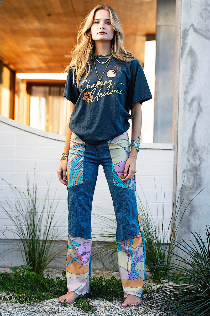 Just Can’t Get Enough Stretch Denim + Twill Patchwork Flares - Chasing Unicorns