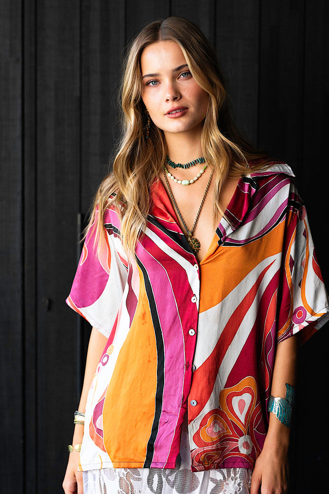 Miami Silk Satin Hand Painted Oversized Shirt - Bougainvillea