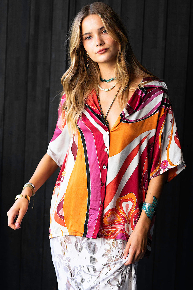 Miami Silk Satin Hand Painted Oversized Shirt - Bougainvillea - Chasing Unicorns