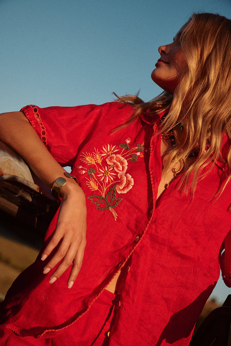 NEW Red Linen Embroidered Blouse - Chasing Unicorns