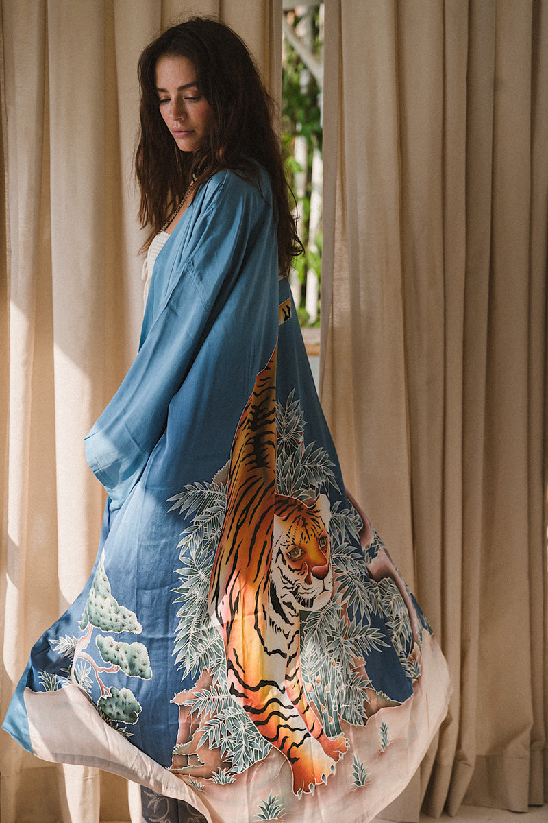 Rhythm Is A Dancer Tiger Hand Painted Silk Crepe Kimono - Chasing Unicorns