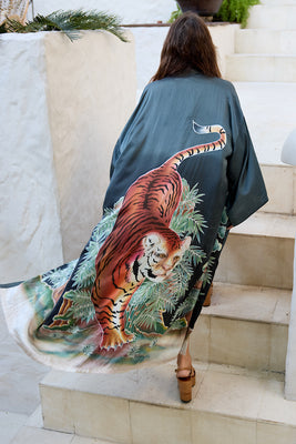 Rhythm Is A Dancer Tiger Hand Painted Silk Satin Kimono - Charcoal