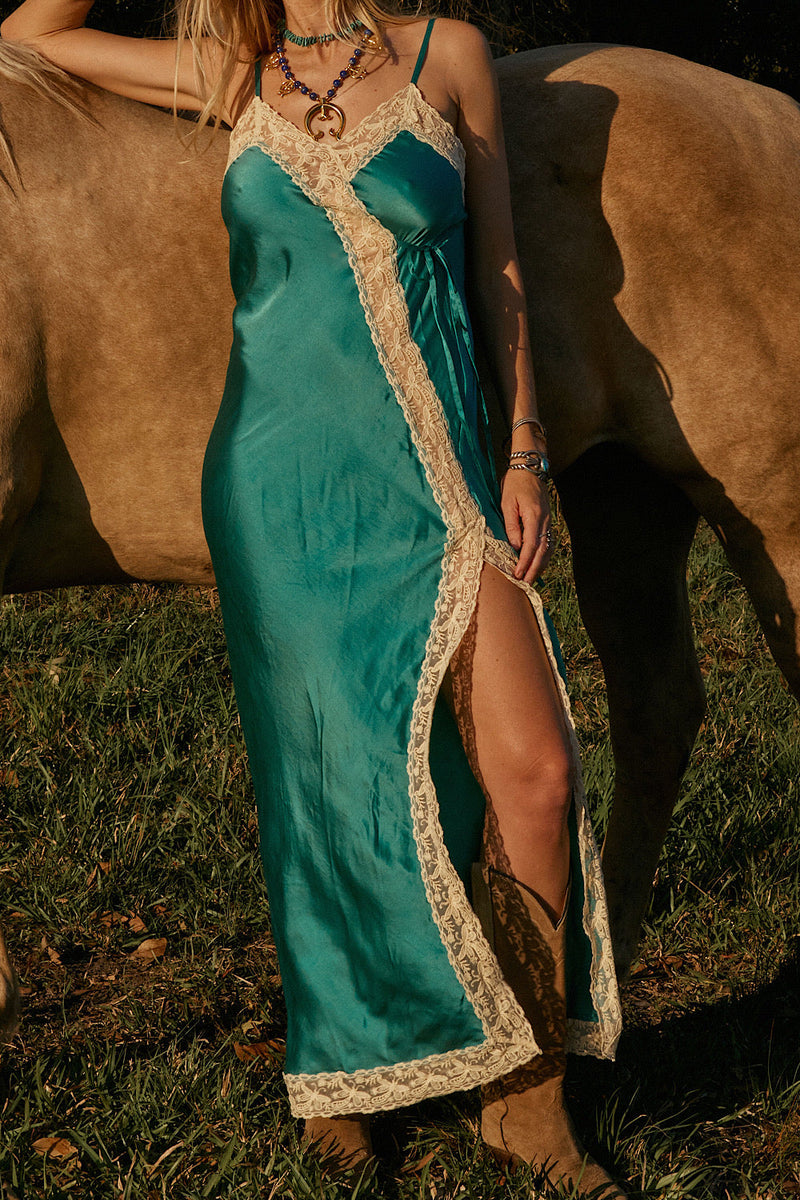 Serenade Silk Satin + Lace Maxi Slip Dress - Turquoise - Chasing Unicorns