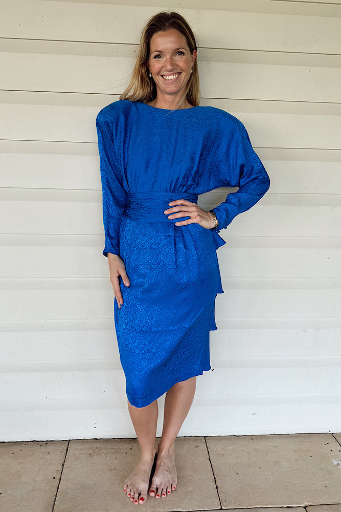 Vintage 80’s Silk Jacquard Blue Dress