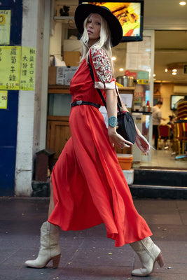 Bed Of Roses Silk + Beaded Dress - Scarlet