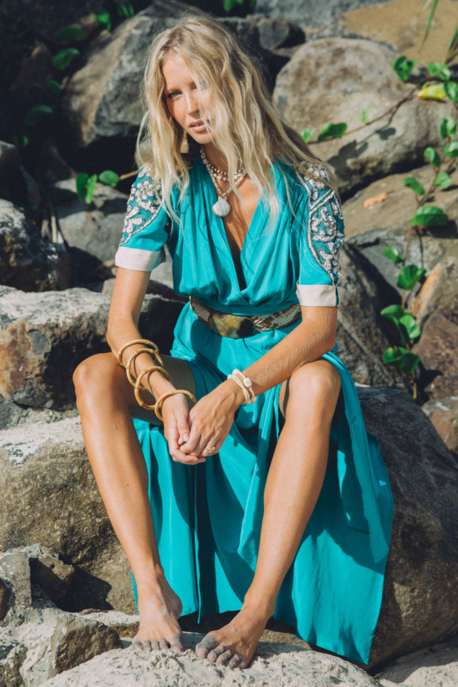 Bed Of Roses Silk + Beaded Dress- Turquoise