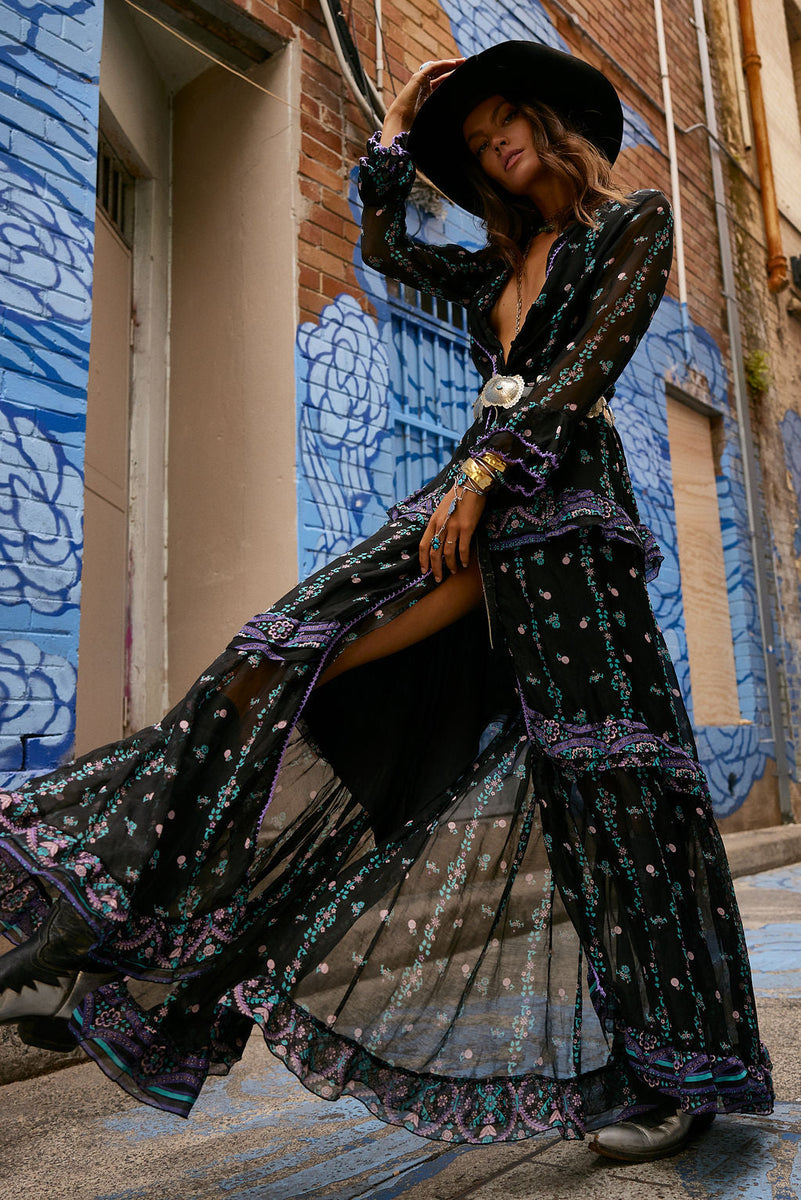 ⚡️ Dream On Ruffle Silk/Cotton Maxi Dress - Black Indian print - Chasing Unicorns