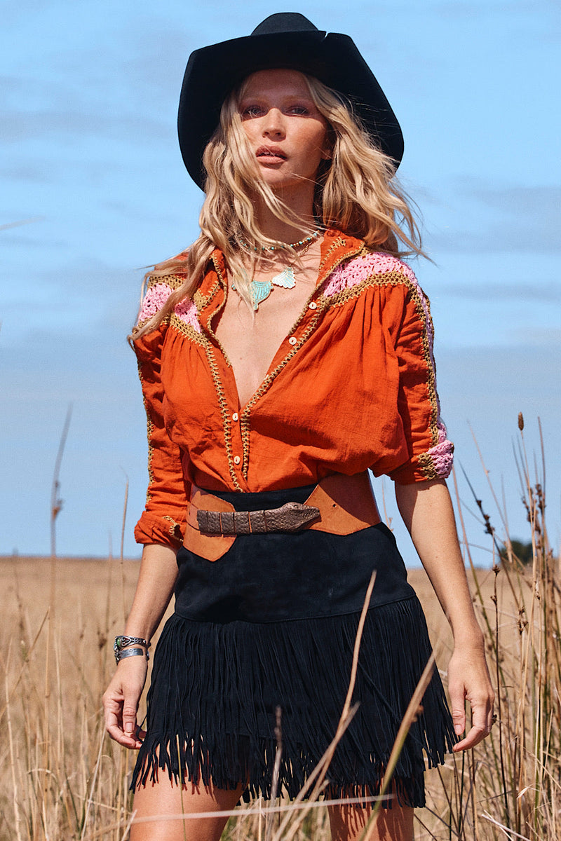 Love Is The Drug Cotton Gauze And Crochet Blouse - Burnt Orange - Chasing Unicorns