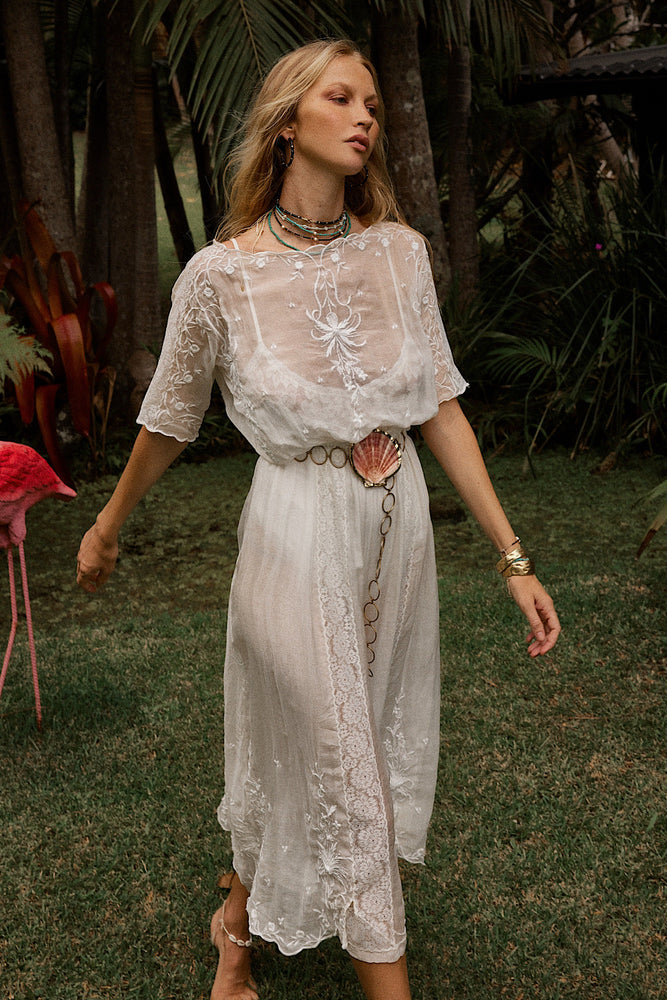 Natural Mystic Silk/Cotton Embroidered Maxi Dress