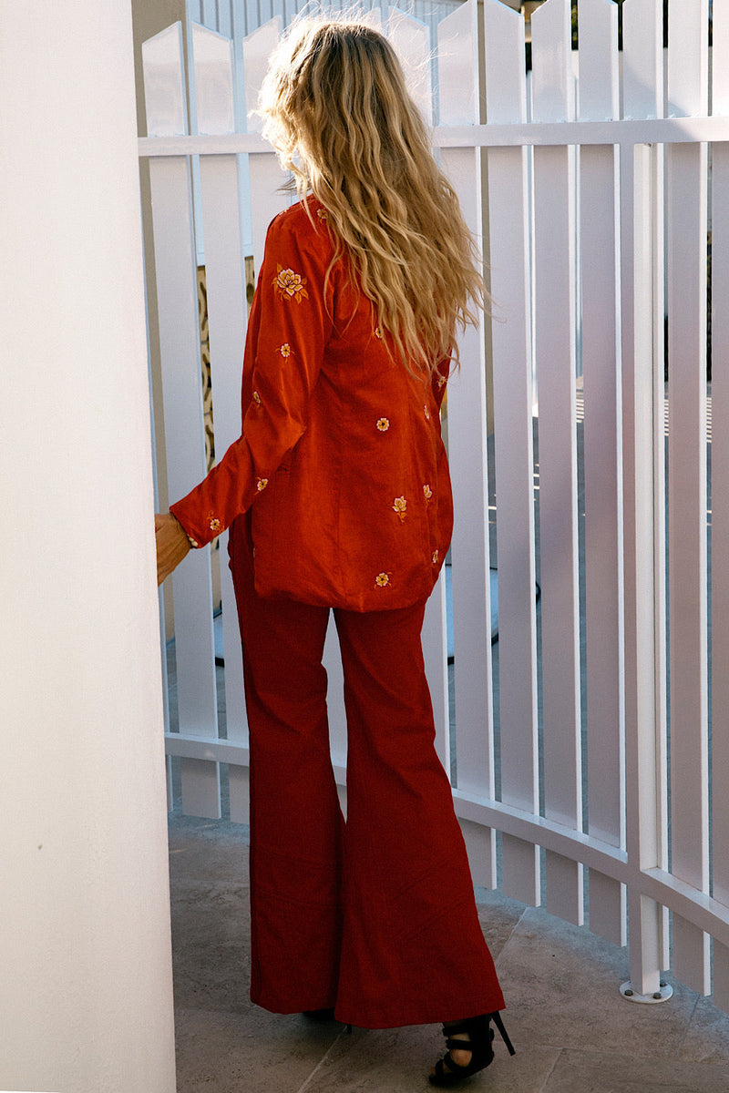 Red Hot Stretch Cotton Twill And Suede Patchwork Flares - Chasing Unicorns