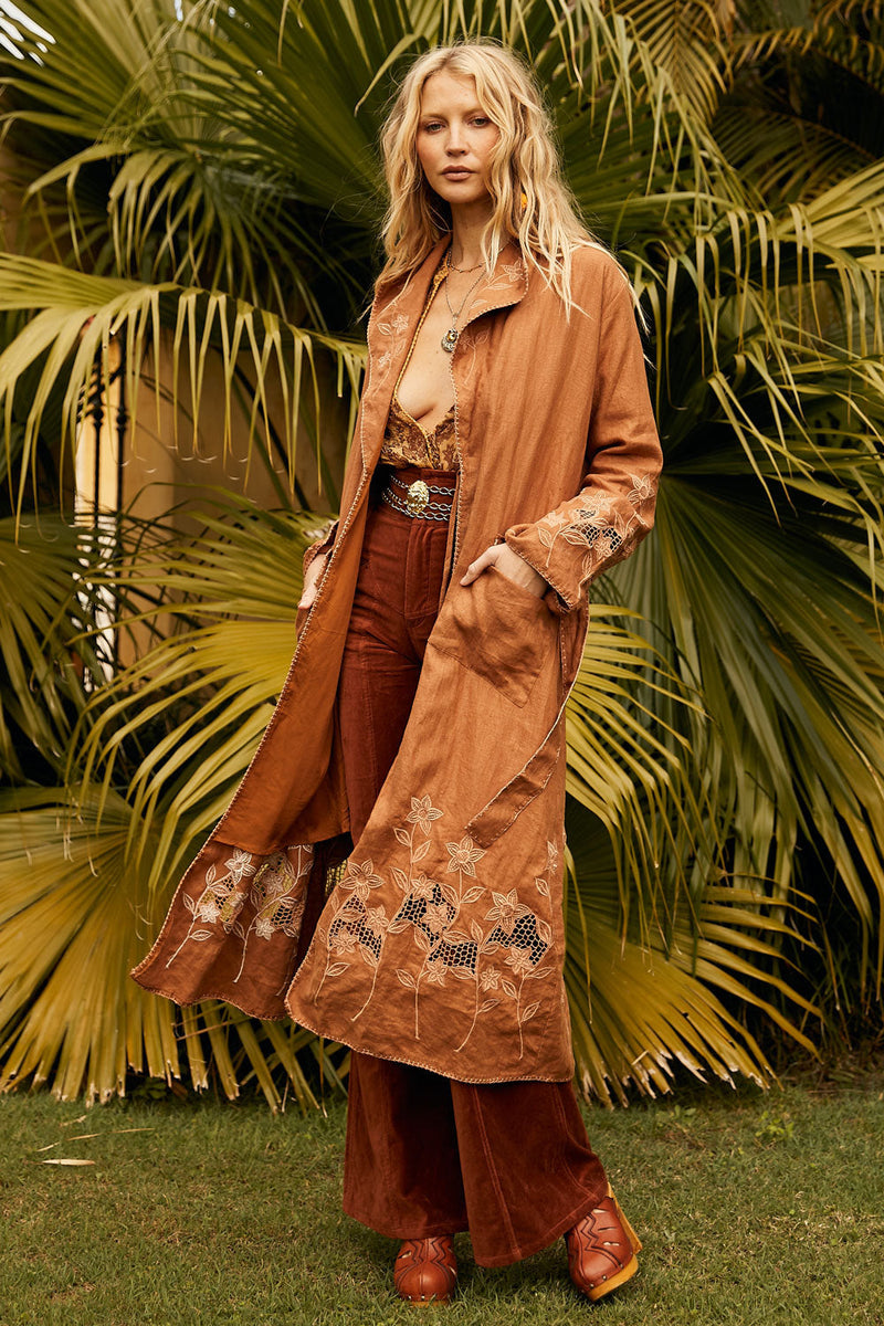 Road Less Travelled Linen Cutwork Trench Coat - Cinnamon - Chasing Unicorns