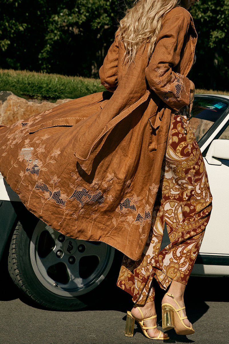 Road Less Travelled Linen Cutwork Trench Coat - Cinnamon - Chasing Unicorns