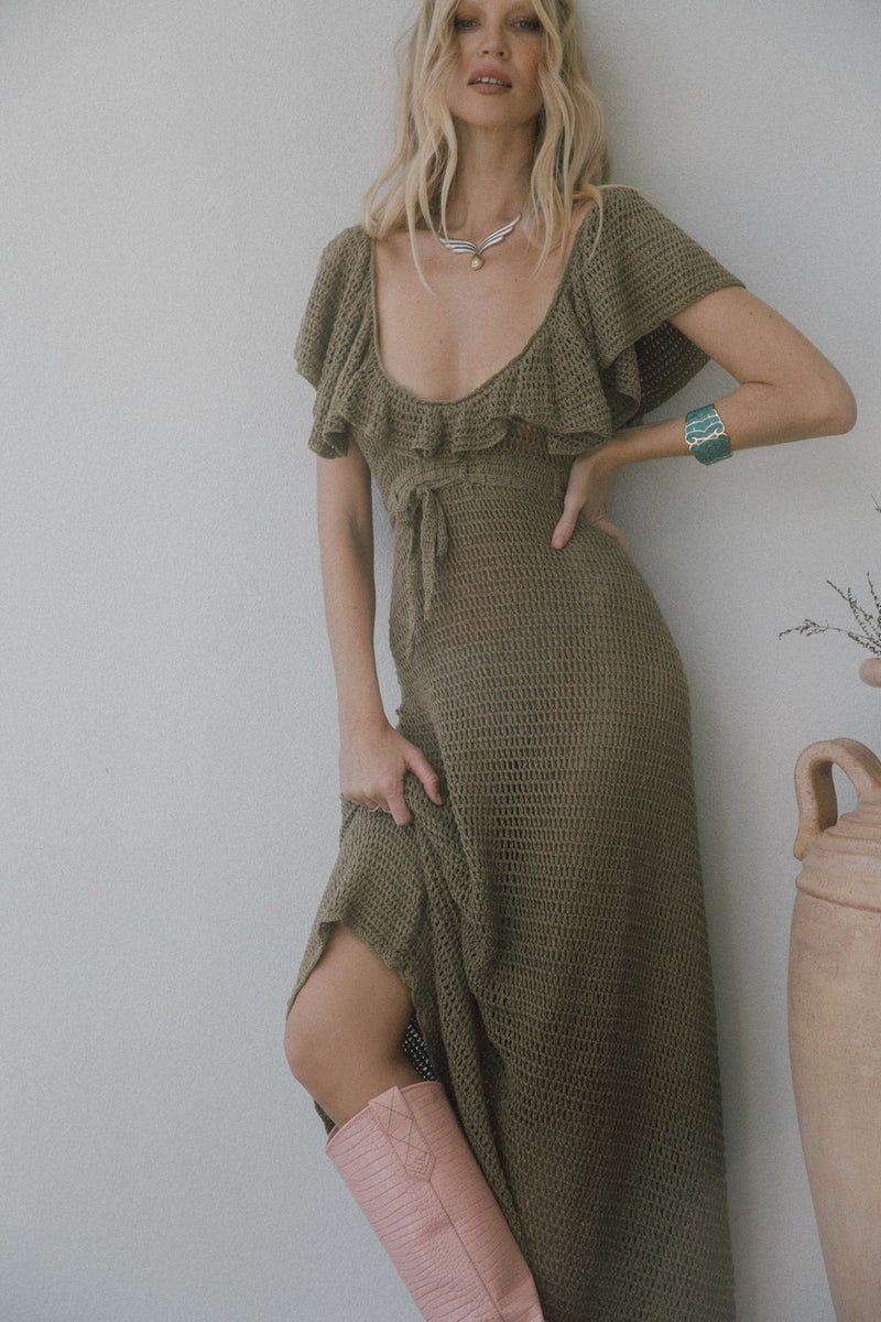 Rosalita Crochet Maxi Dress - Olive - Chasing Unicorns