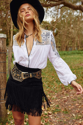 Well All Right Textural Cotton Cutwork Embroidered Poet Sleeve Blouse